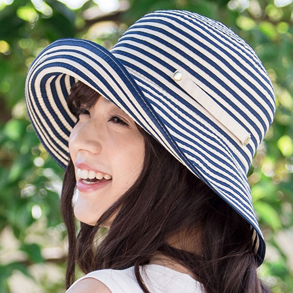 日本 irodori - 抗UV可捲收 藤編遮陽帽-M（約56-58cm）-藍白條紋 (M(56-58cm))