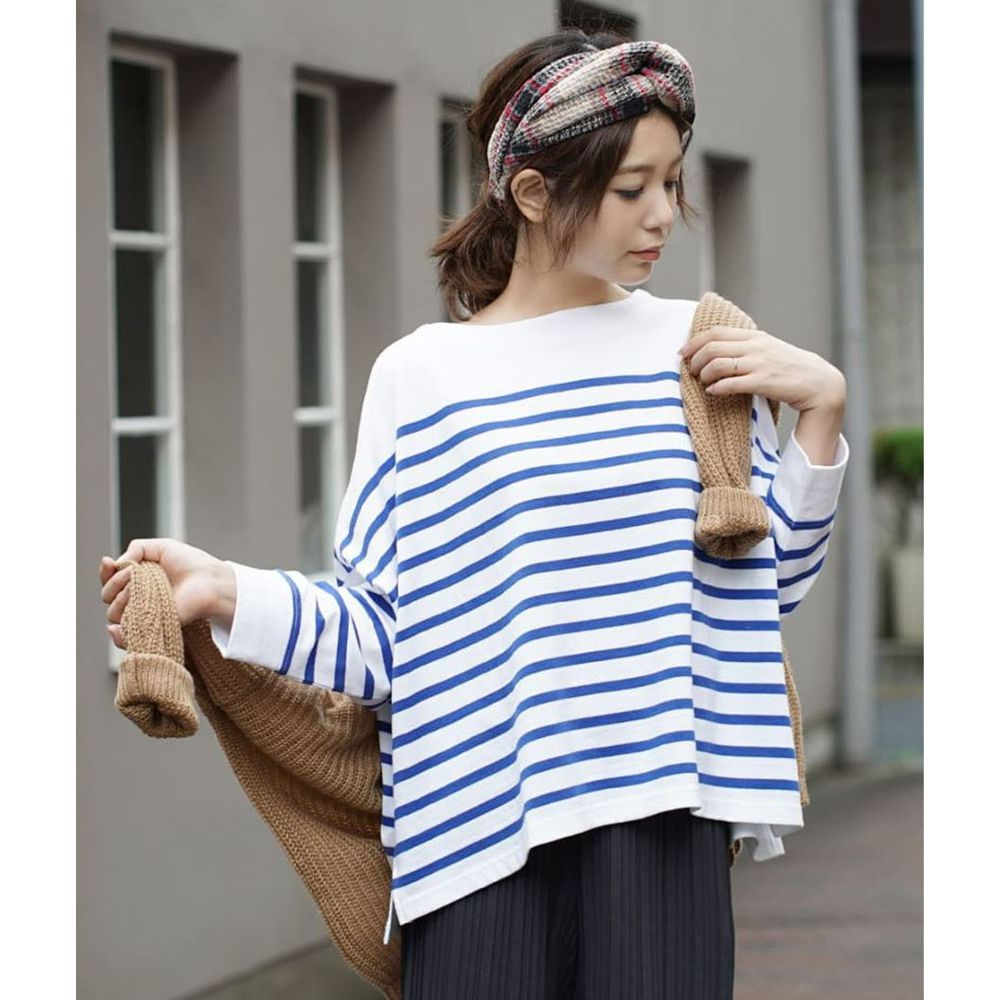 日本 zootie - [撥水/撥油加工] 抗油污耐洗純棉長袖上衣-條紋-白藍