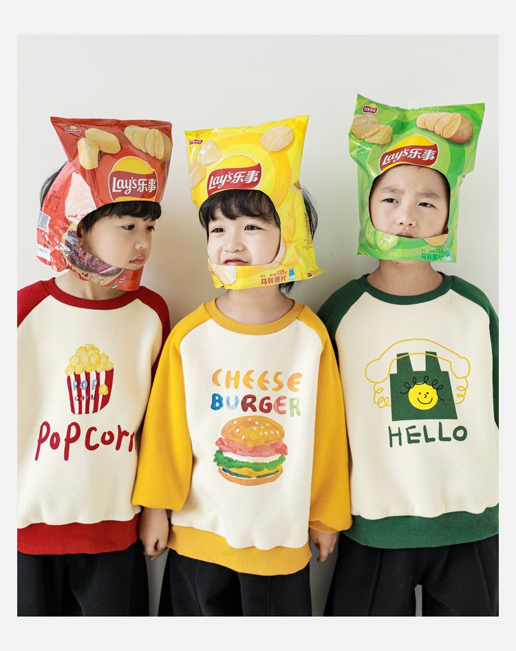 TONGMO - (加絨)卡通圓領保暖長袖上衣/大學T-漢堡-黃+米白