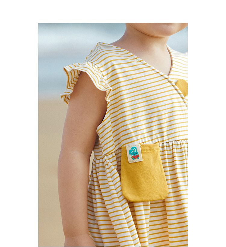 條紋荷葉袖連身洋裝-小口袋款-白+黃