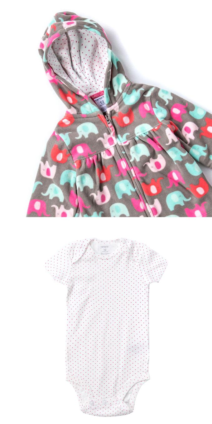 美國 Carter's - 小象圖案刷毛連帽外套+短袖包屁衣+長褲3件組