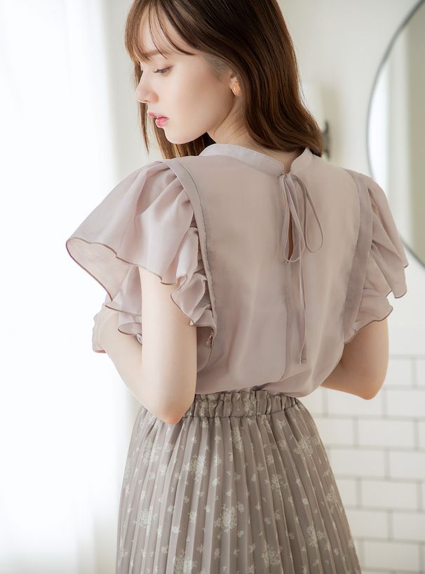 日本 GRL - 絕美後綁帶荷葉袖上衣-星塵粉