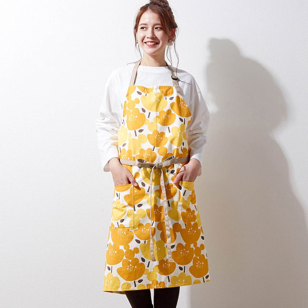 日本千趣會 - 迪士尼純棉質感北歐圖騰圍裙-米奇黃花