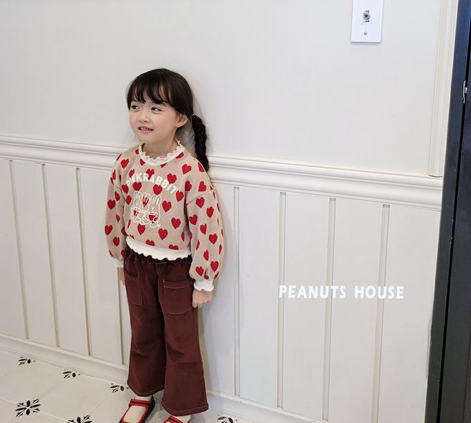 韓國 Peanuts House - 滿版愛心兔兔花領澎袖針織上衣-紅