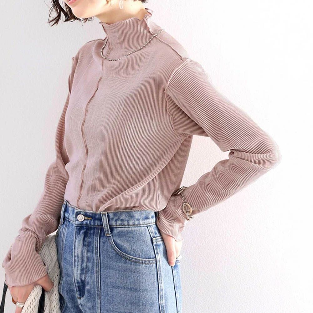 羅紋線條感木耳小高領長袖上衣-粉膚