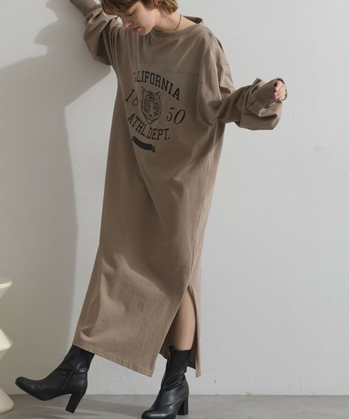 日本 Lupilien - 帥氣老虎印花側開叉長袖洋裝-濃綠