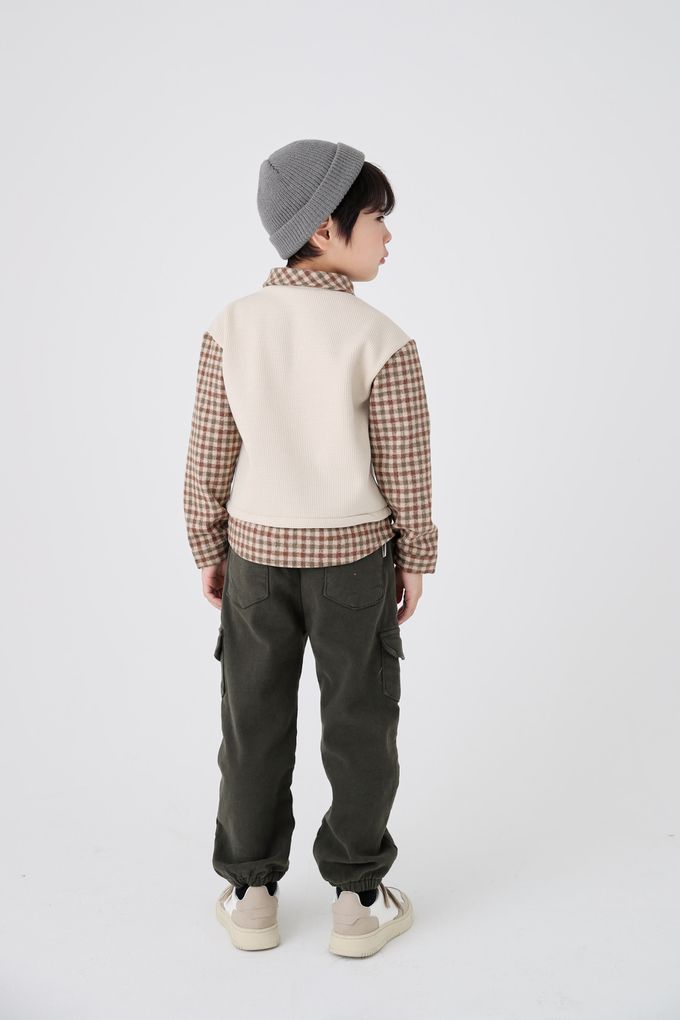 韓國 Coco Bang - 假兩件拼接格紋翻領長袖上衣-灰X黑