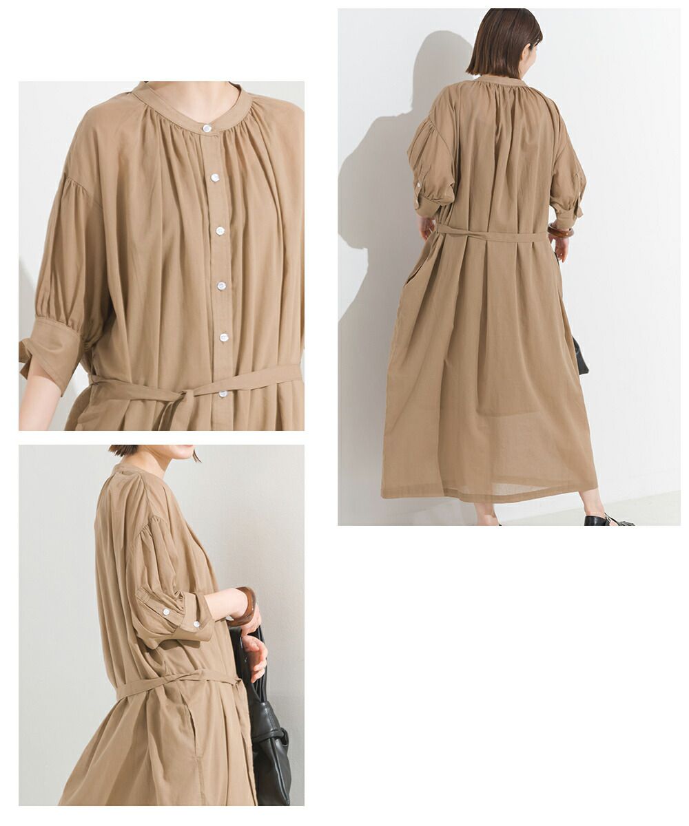 日本 OMNES - 文藝排扣綁帶氣球袖洋裝-可可