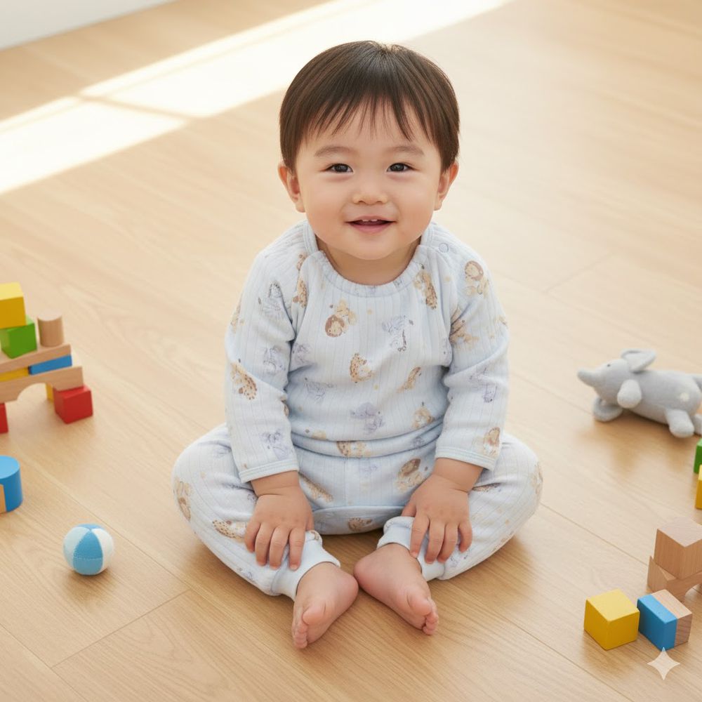 嬰兒長袖包屁衣家居服-大象-淺藍色