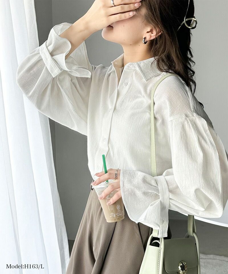 日本 Classical Elf - 氣質微透膚落肩寬袖襯衫-米白