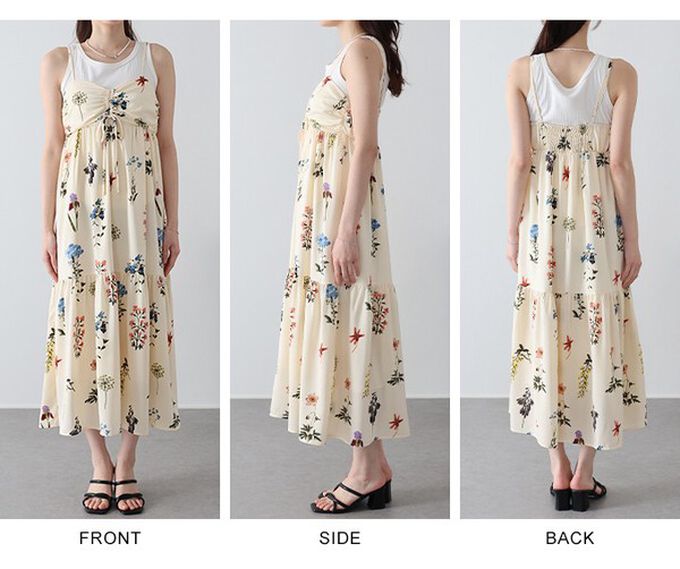 日本 BLUE EAST - 優雅皺摺度假花卉吊帶洋裝-黑 (M)