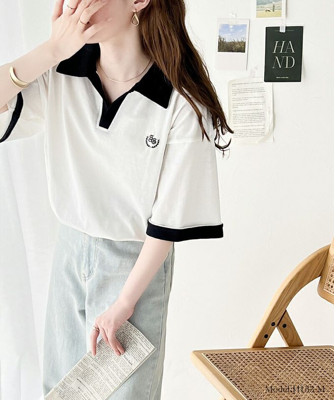 日本 Classical Elf - Java 顯瘦領率性五分袖上衣-白底黑領