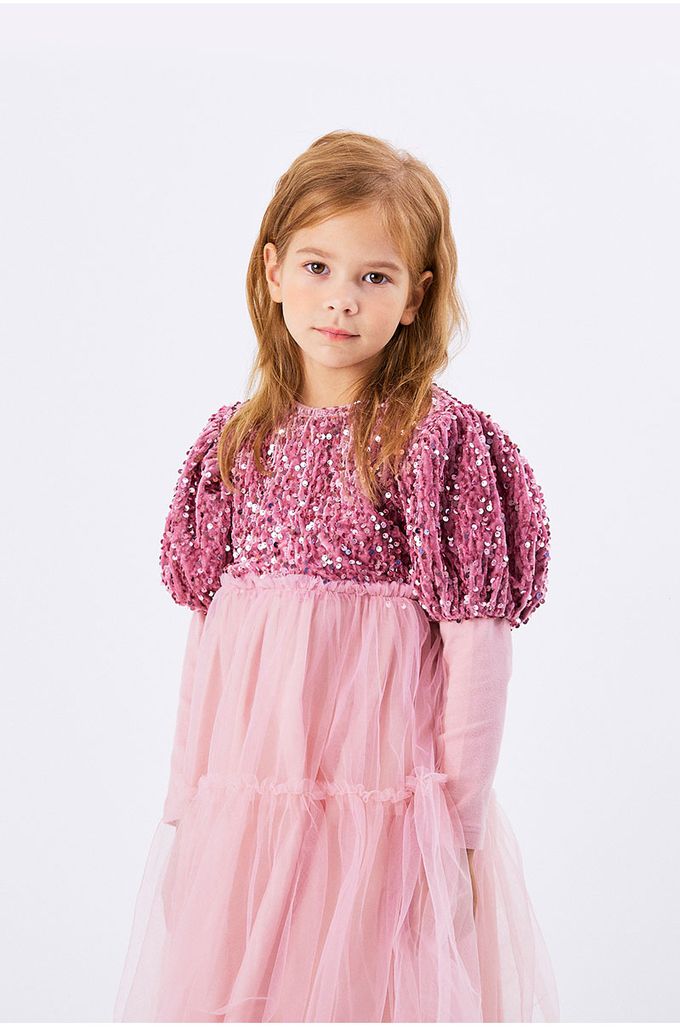 韓國 OZKIZ - 天鵝絨亮片點綴公主網紗洋裝-粉