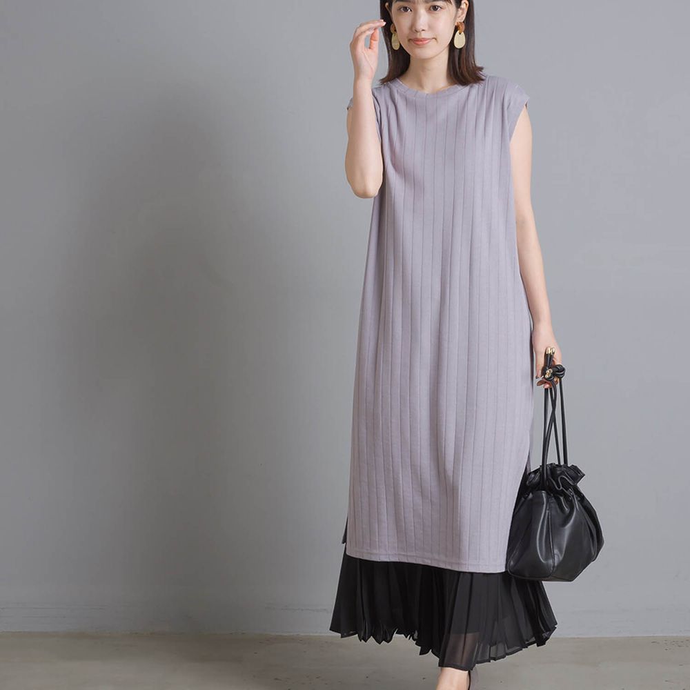 日本 OMNES - 防透汗加工 粗羅紋開衩無袖洋裝-紫 (F)