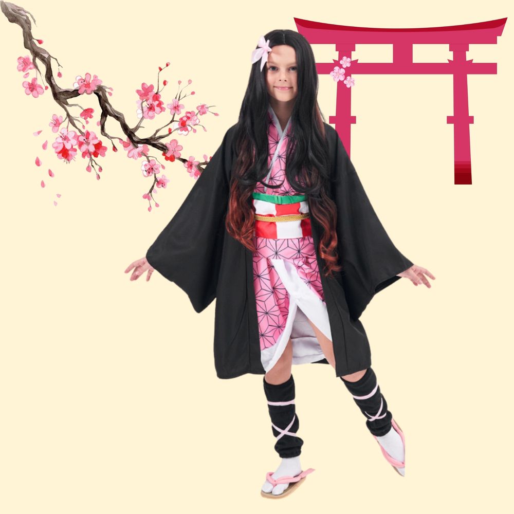 鬼殺隊豆子套裝-萬聖節變裝服-外袍+內袍+腰帶+腰繩+腿套+髮夾+小竹子(不含鞋襪)