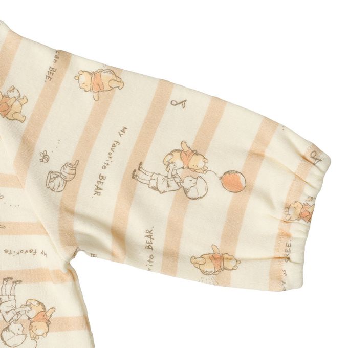 akachan honpo - 長袖兔裝-小熊維尼 橫紋 附圍兜-淺卡其色 (50~60cm)