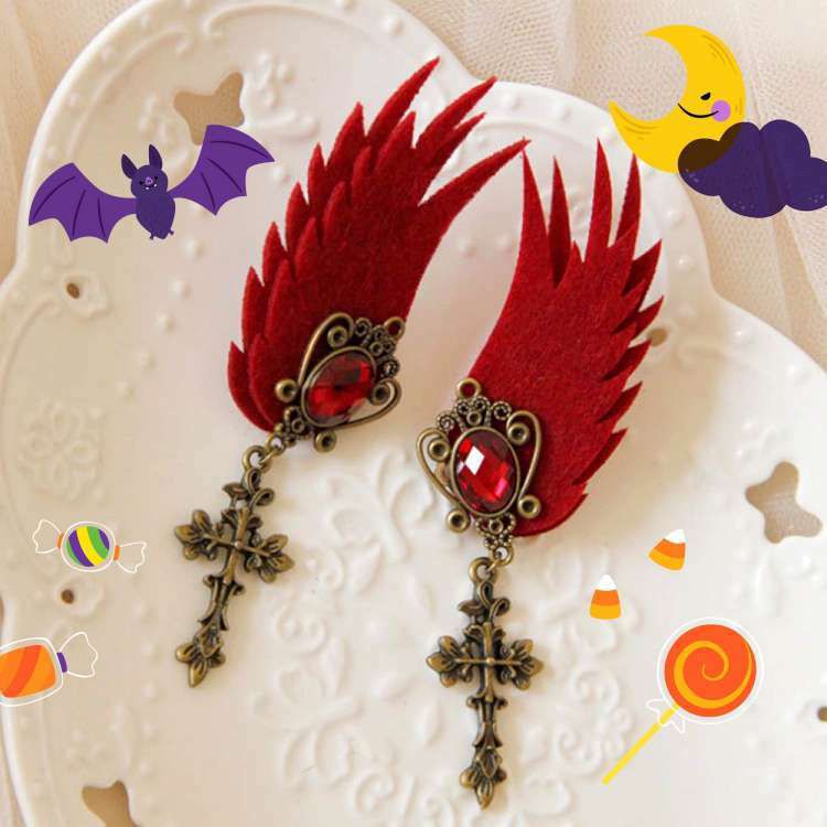 MODACore 摩達客 - ★萬聖節派對★精緻手作復古歌德式十字架酒紅色耳環耳夾兩入一對_Cosplay變裝化妝舞會 一組(二入)