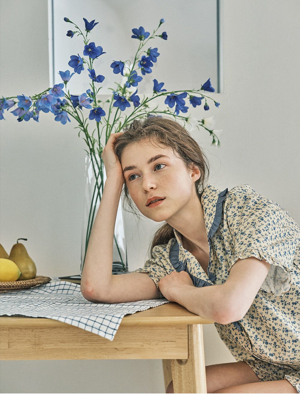 韓國 ULLALA - 玫瑰印花短袖睡衣(兩件式)-藍玫瑰 (FREE)