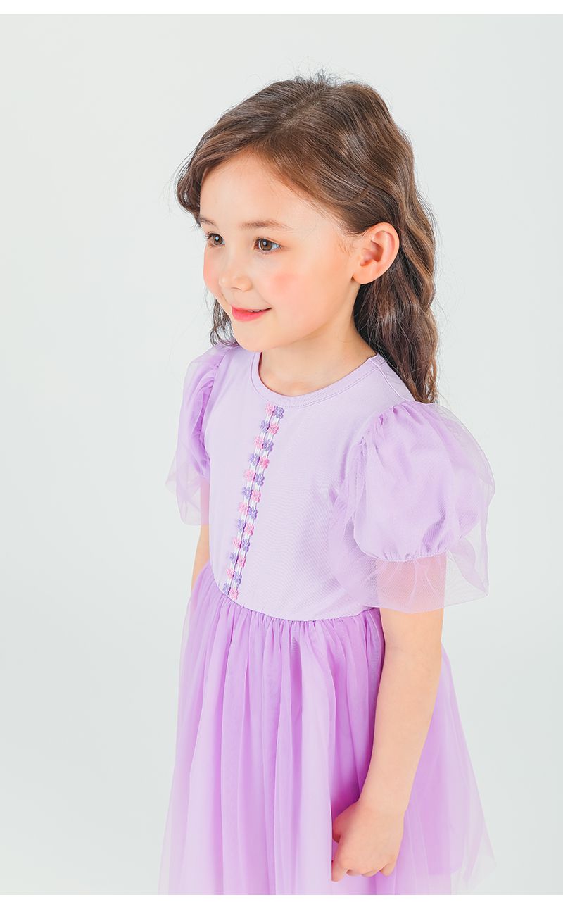 韓國 OZKIZ - 小花點綴公主蓬袖網紗洋裝