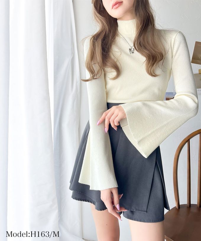 日本 Classical Elf - 羅紋修身高領喇叭袖上衣-淺灰