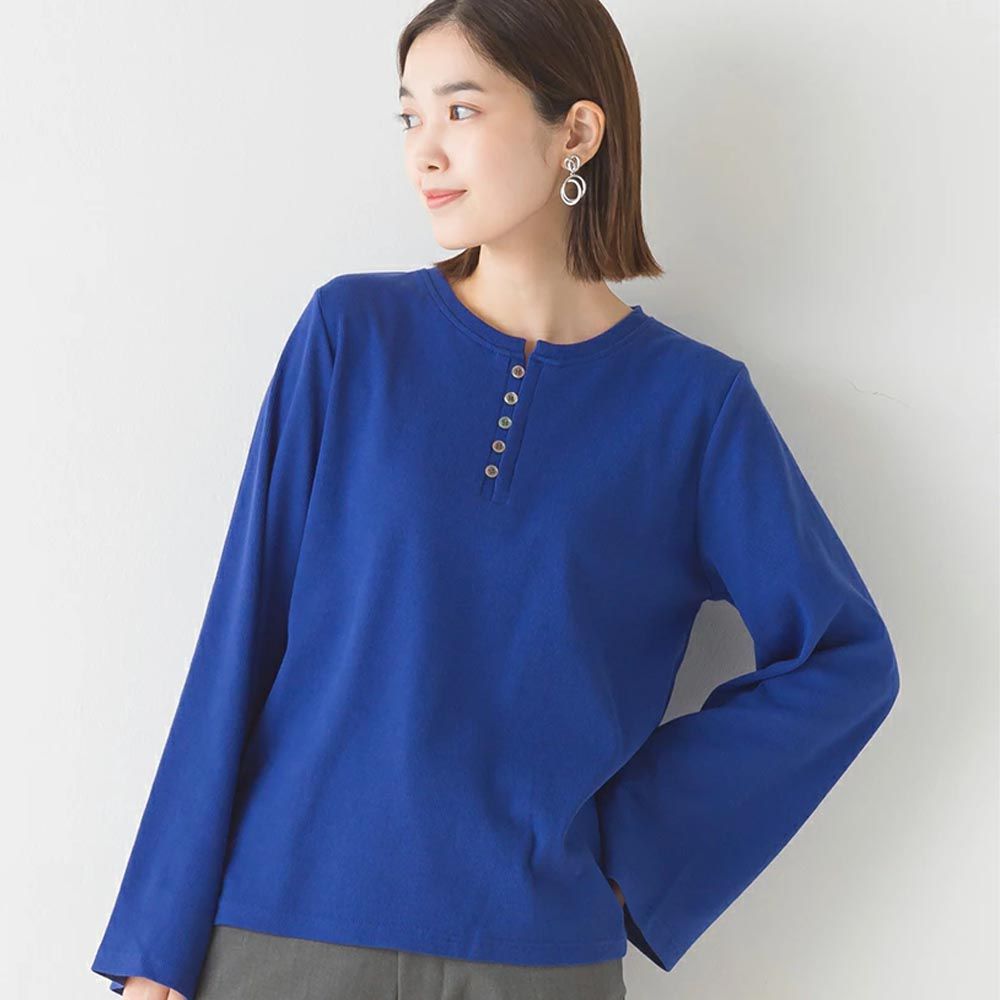 日本 OMNES - 寬袖設計簡約圓領上衣-寶藍