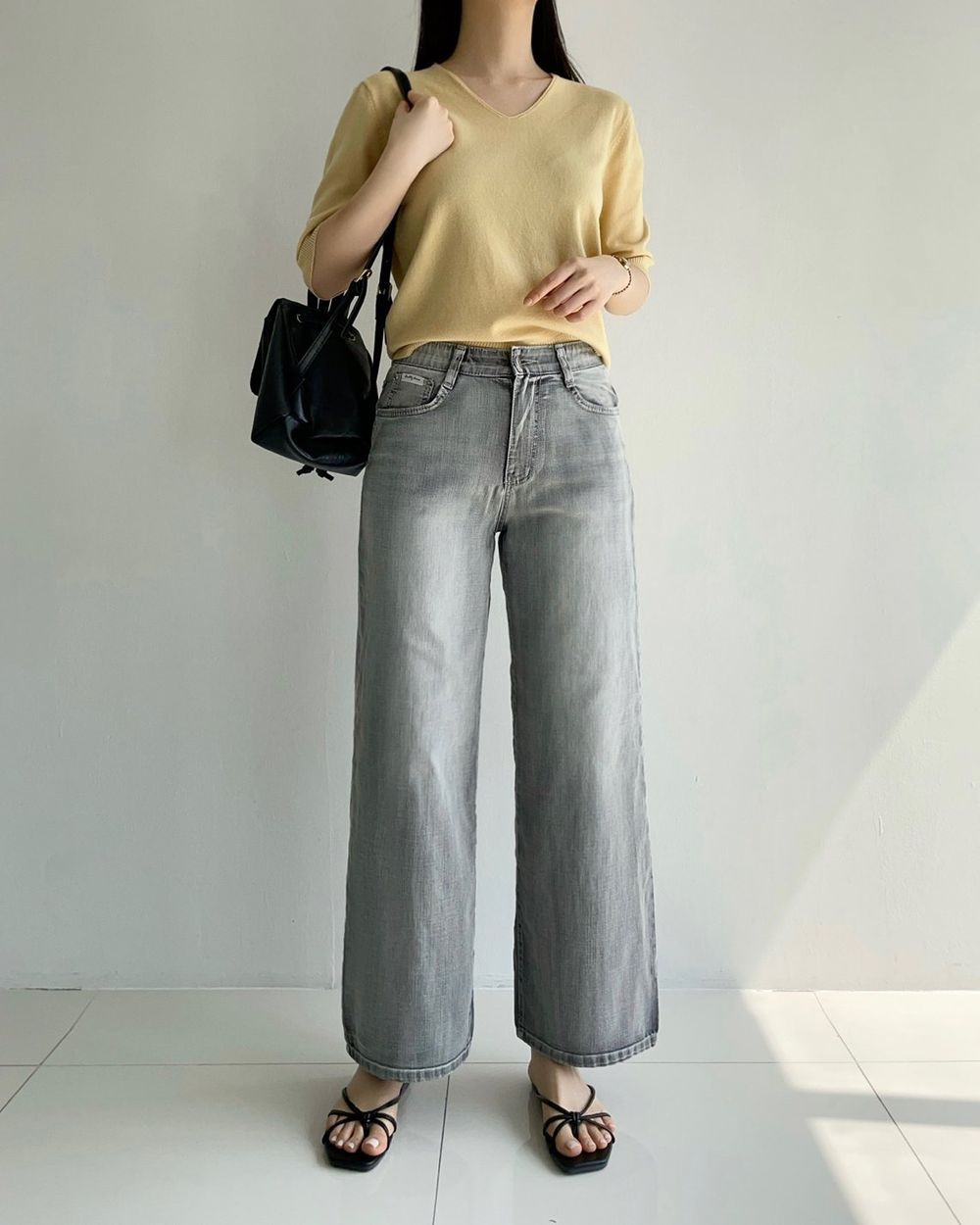 Howluk (涼感機能)彈性腰清爽水洗刷色直筒寬褲-灰