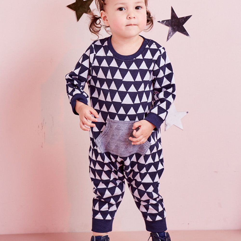 麗嬰房 Little moni - 幾何織紋連身褲-深藍