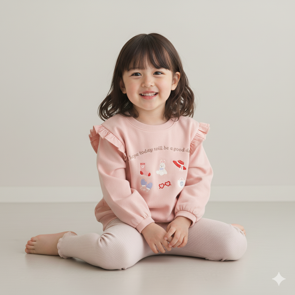 長袖休閒上衣-荷葉邊袖 刺繡-粉紅色