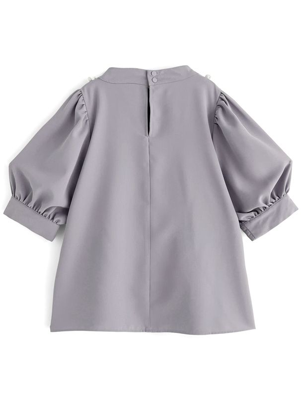 日本 GRL - 優雅珍珠點綴圓領澎澎袖上衣-淺米杏 (F)