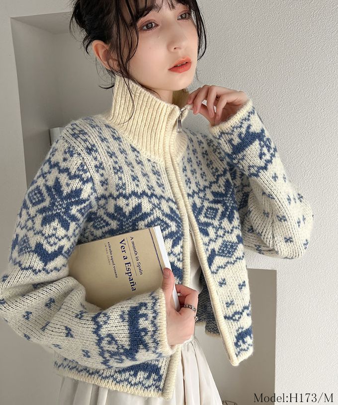 日本 Classical Elf - mily bilet 北歐雪花氛圍短版針織外套-米x藍