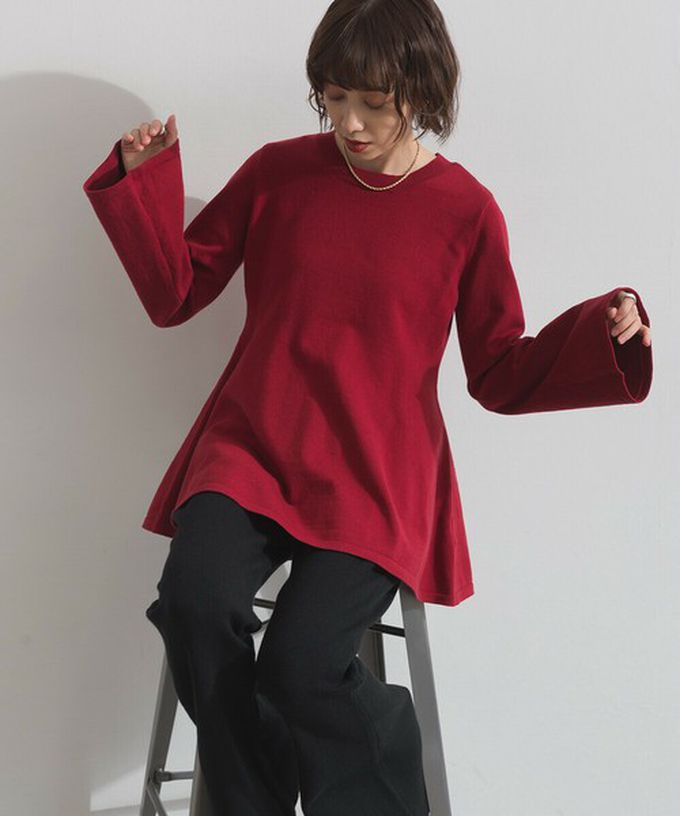 日本 ELENCARE DUE - 成熟傘擺腰線針織長袖上衣-灰