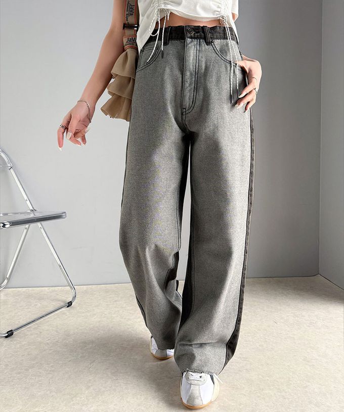 日本 Classical Elf - Java 個性深淺配色寬版丹寧褲-灰黑系