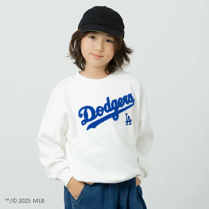 日本 Chil2 - MLB聯名 裏起毛立體刺繡大學長袖上衣-洛杉磯道奇-白