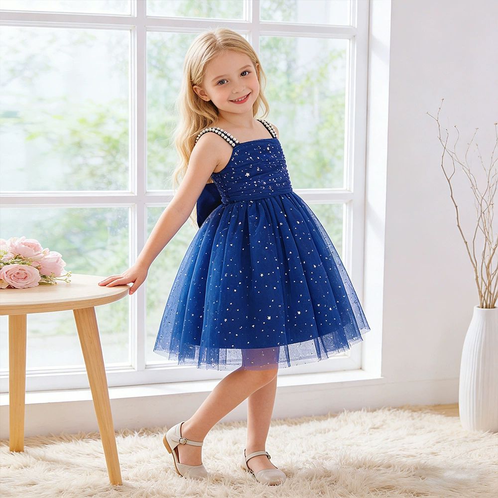 珍珠細肩帶星光亮片網紗禮服-藍色