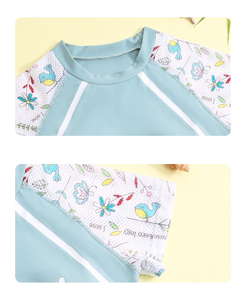 大童女孩運動風短袖泳衣套裝(二件組)-繽紛樹葉-湖水綠-泳衣、泳褲