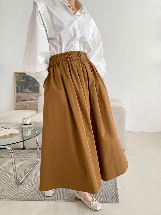 韓國女裝連線 - 寬鬆緊帶顯瘦修臀打褶圓裙-橘咖啡 (FREE)