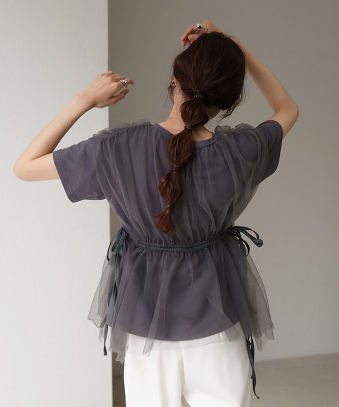 日本 Bab - 仙氣皺摺薄紗 腰綁帶短袖上衣-淺灰