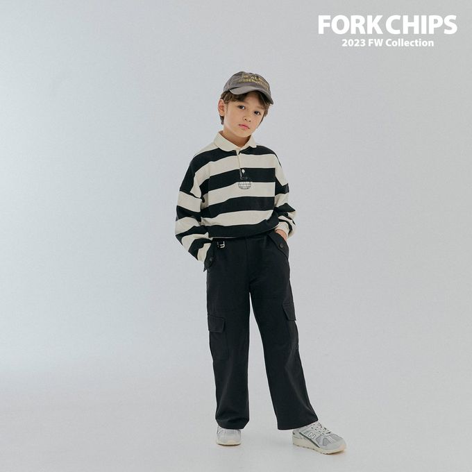 韓國 FORK CHIPS - 鬆緊腰大口袋工裝寬鬆長褲-黑
