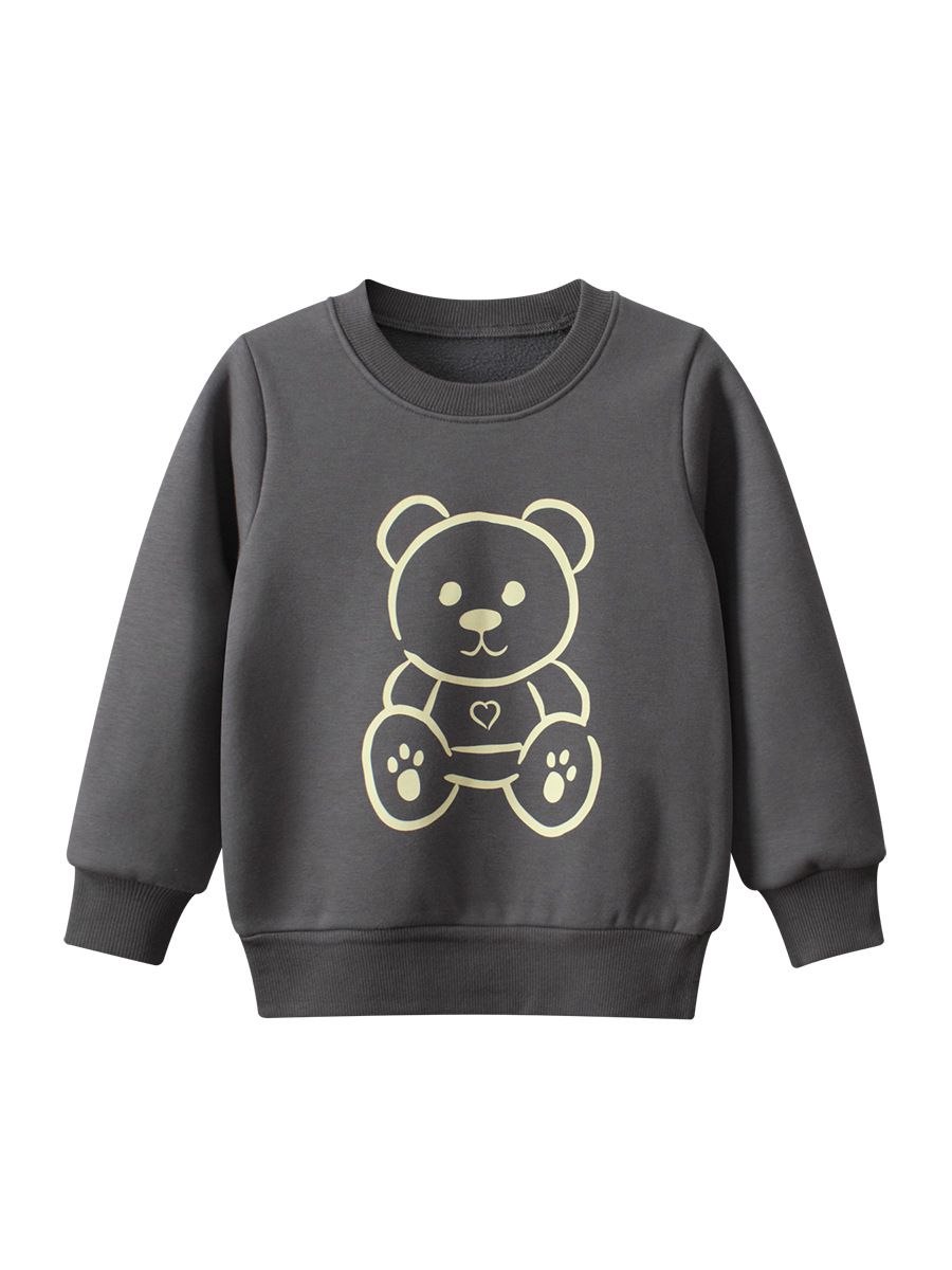 加絨棉質圓領長袖上衣/大學T-熊熊-深灰色