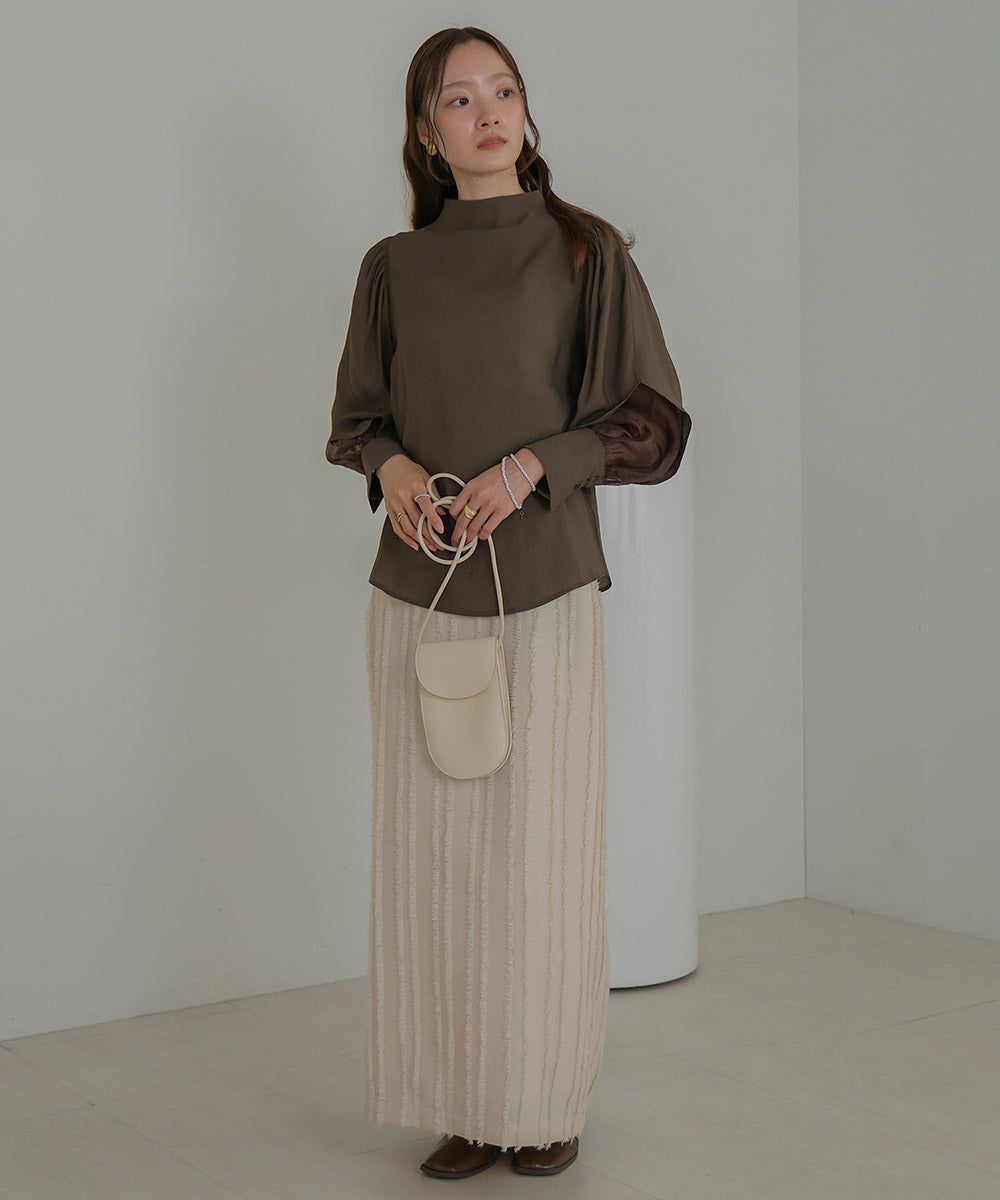 日本 Bab - 柔美紗拼接袖雪紡上衣-深可可