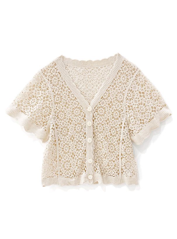 日本 GRL - 花朵鉤針V領薄外套-米杏