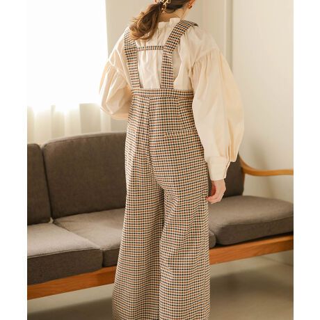 日本 Bab - 文藝少女歐風吊帶褲-格紋-卡其