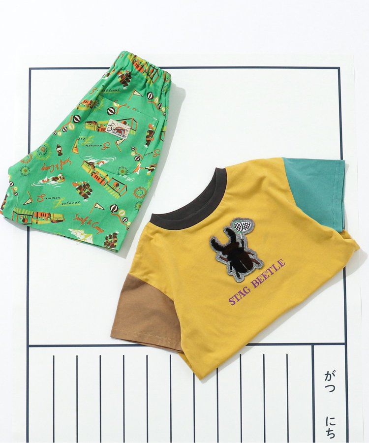 日本 BREEZE - 暑假來了立體印花短袖上衣-甲蟲-撞色袖黃