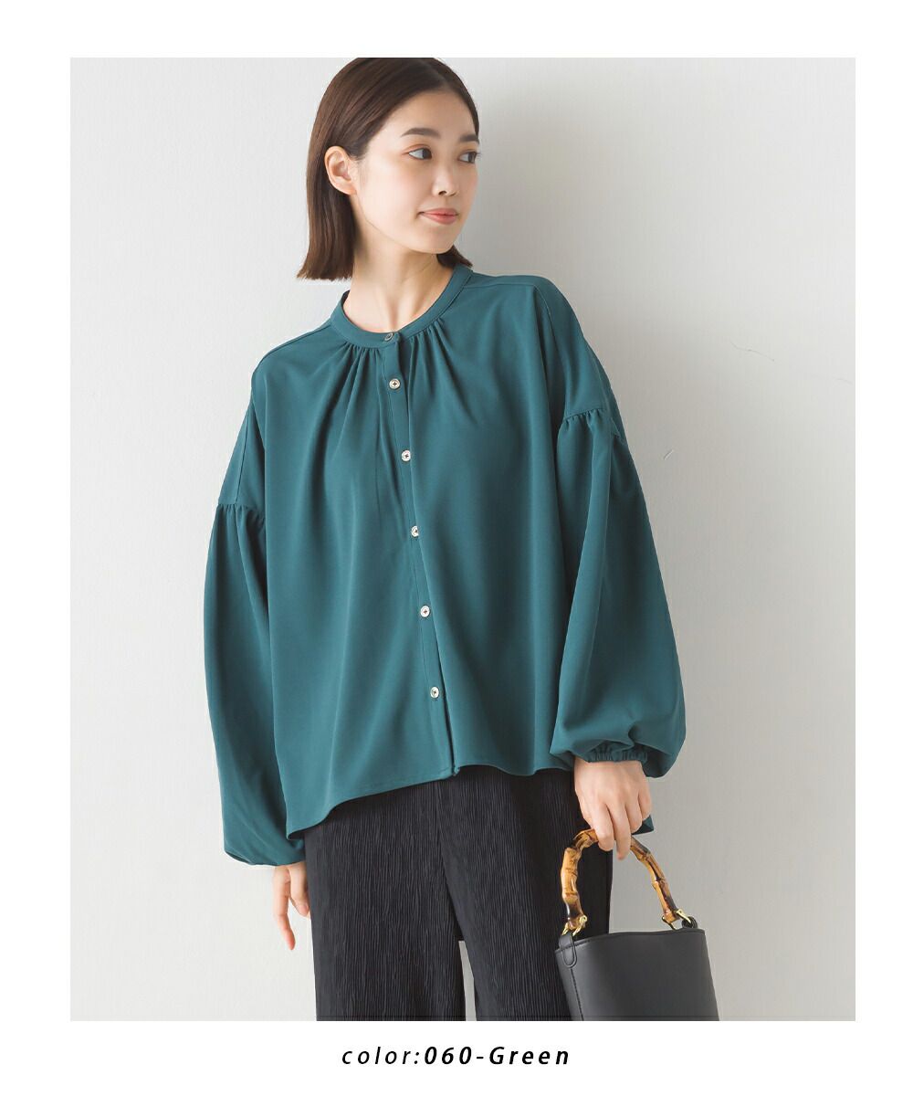 日本 OMNES - 梨地質感細緻雪紡長袖襯衫-黑