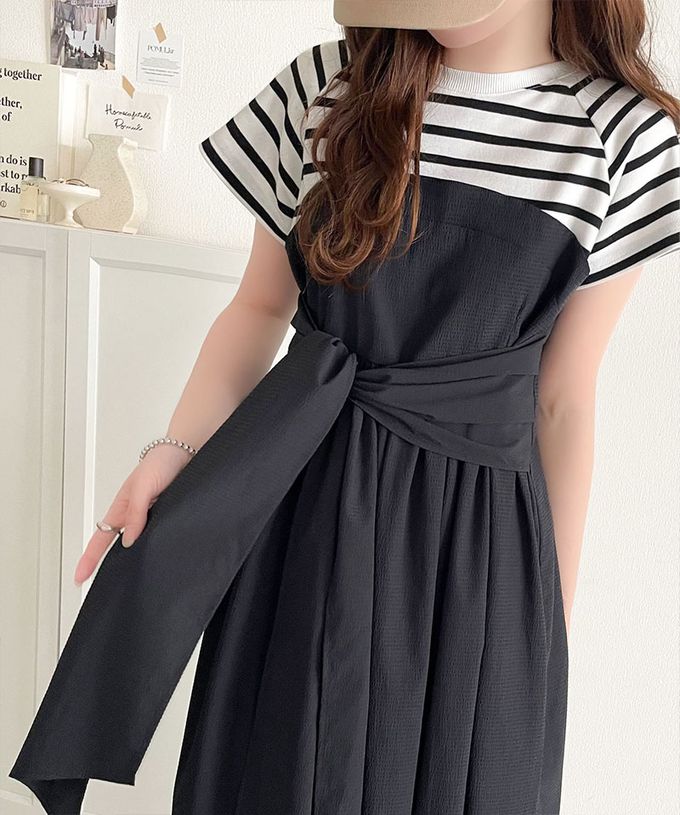 日本 Classical Elf - 綁帶2way清爽拼接感短袖洋裝-條紋x黑
