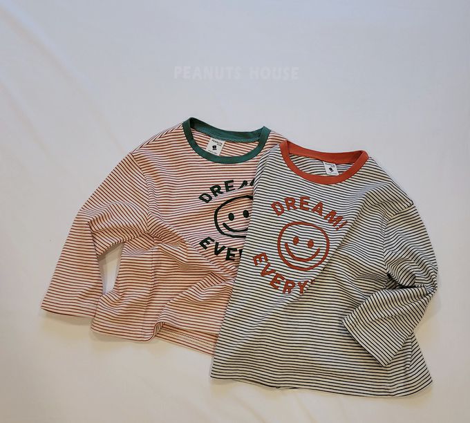 韓國 Peanuts House - 笑臉印細橫紋長袖上衣-紅X綠