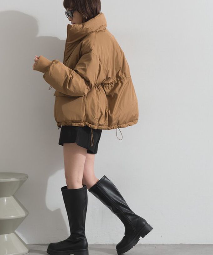 日本 ELENCARE DUE - 蓬鬆袖立領腰抽繩科技羽絨保暖外套-黑