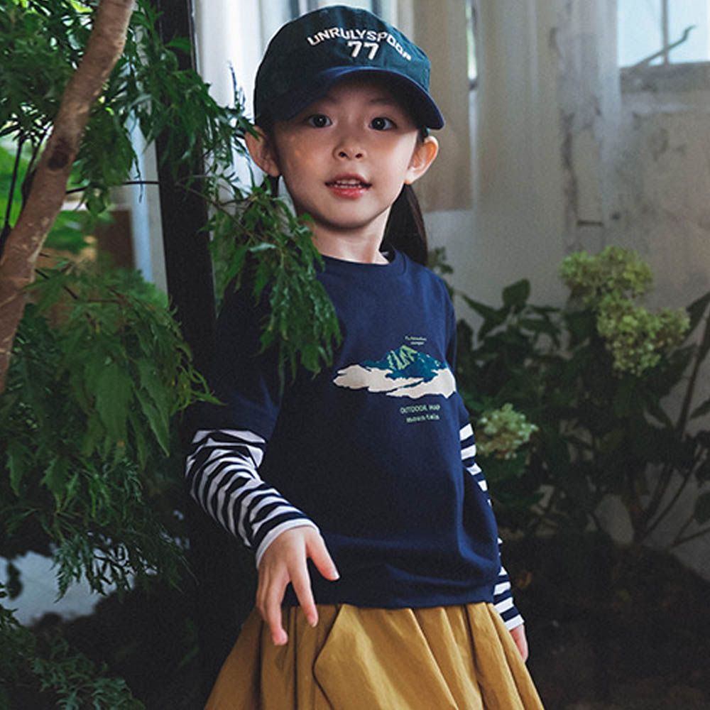 棉質圓領假兩件長袖上衣-條紋拼袖-藏青