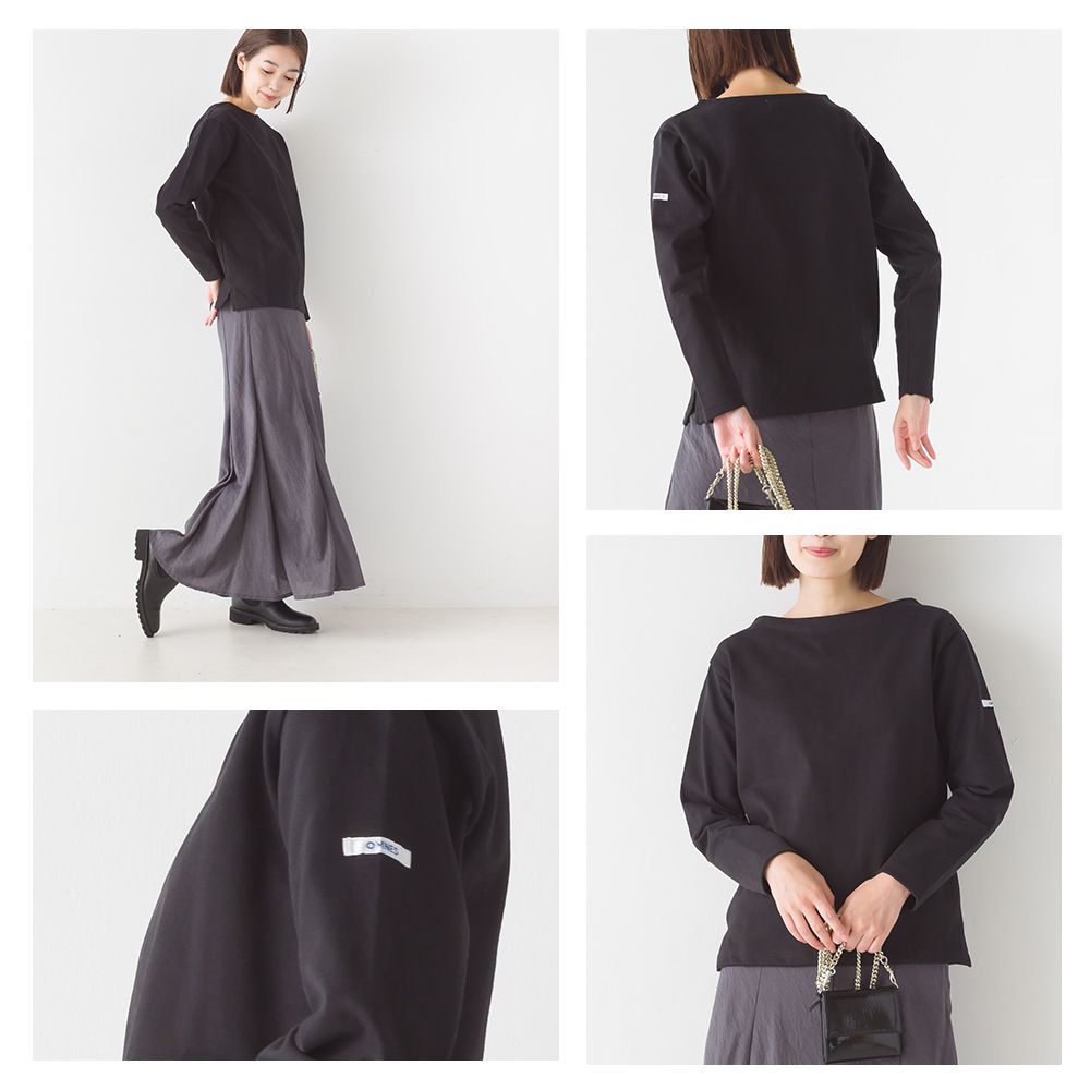 日本 OMNES - 顯瘦船領純棉薄長袖上衣-條紋-杏x白