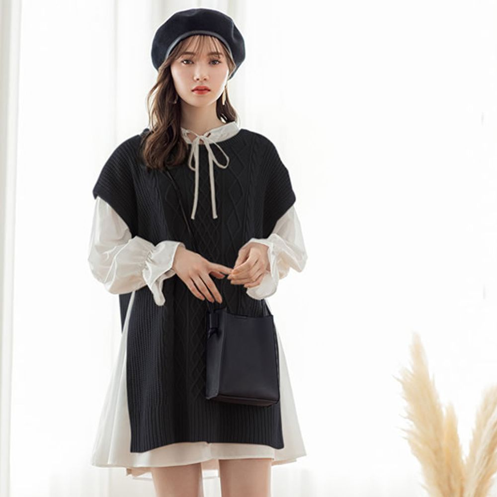 日本 GRL - 慵懶風綁帶針織拼接長袖短版洋裝-黑